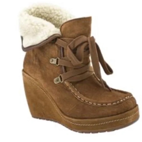 Rocket Dog Bonfire Tan Suede Shearling Lace-Up Boots Brown Wedge Ankle Booties 7 - Picture 1 of 13